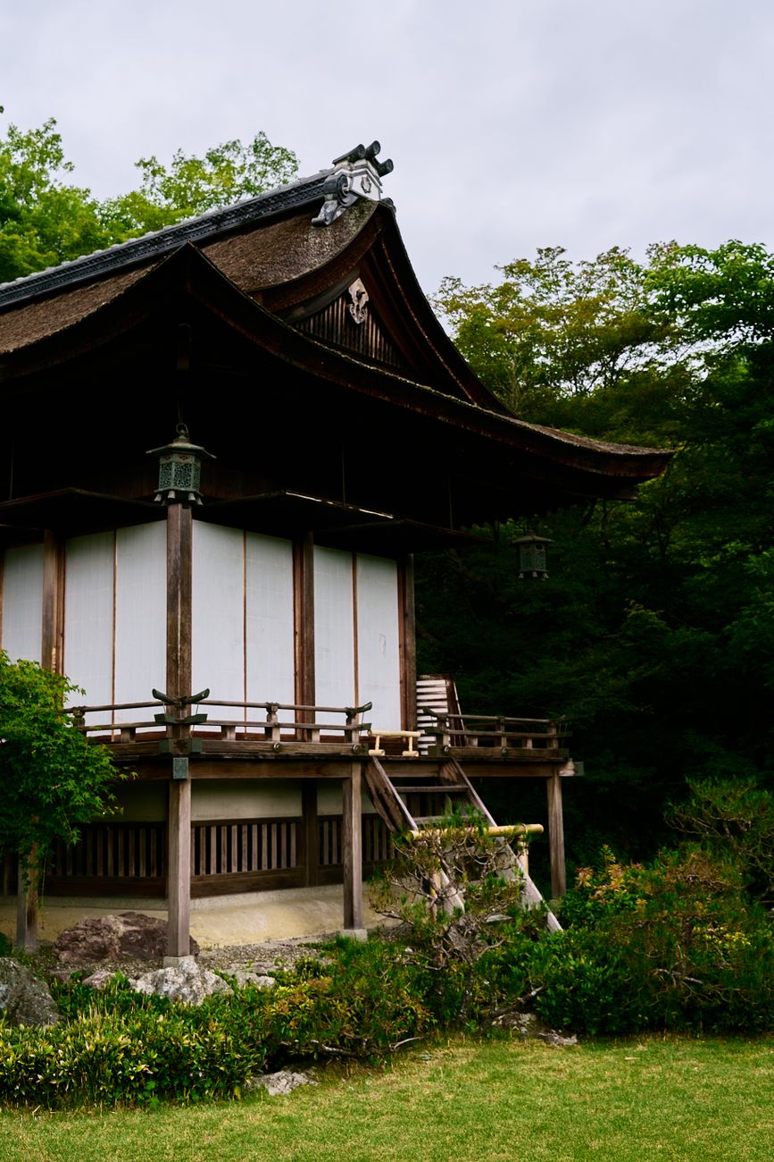 Traditional Japanese wooden temple and bamboo garden